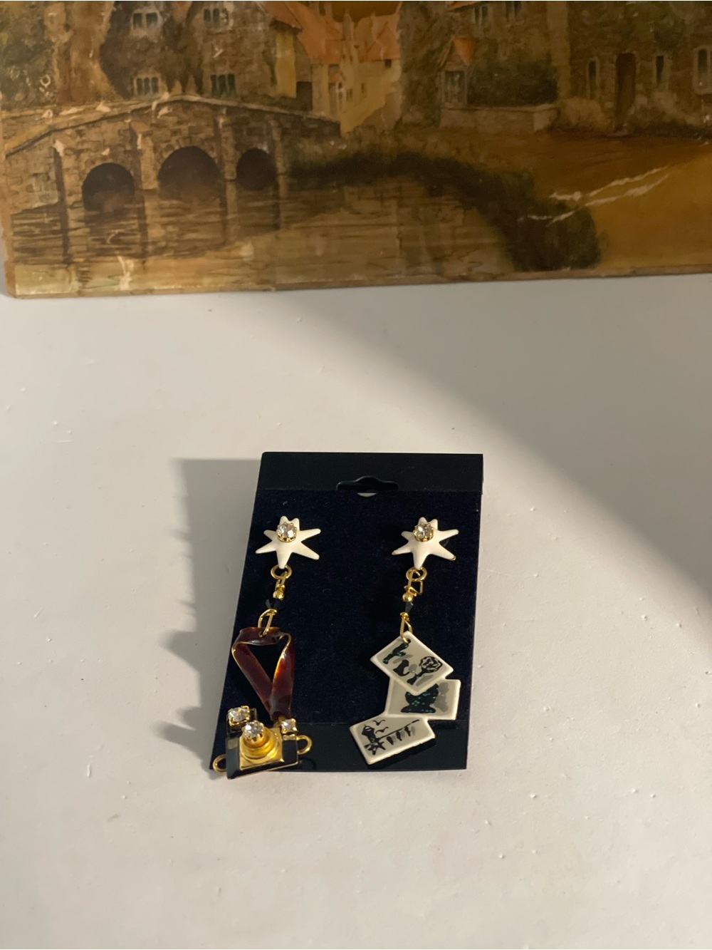Asymmetrical Star Drop Earrings with White, Brown & Gold Accents